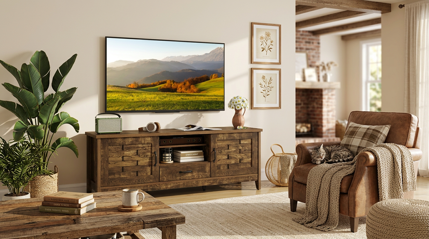 A stunning Rustic Farmhouse TV Stand highlighted in natural lighting.