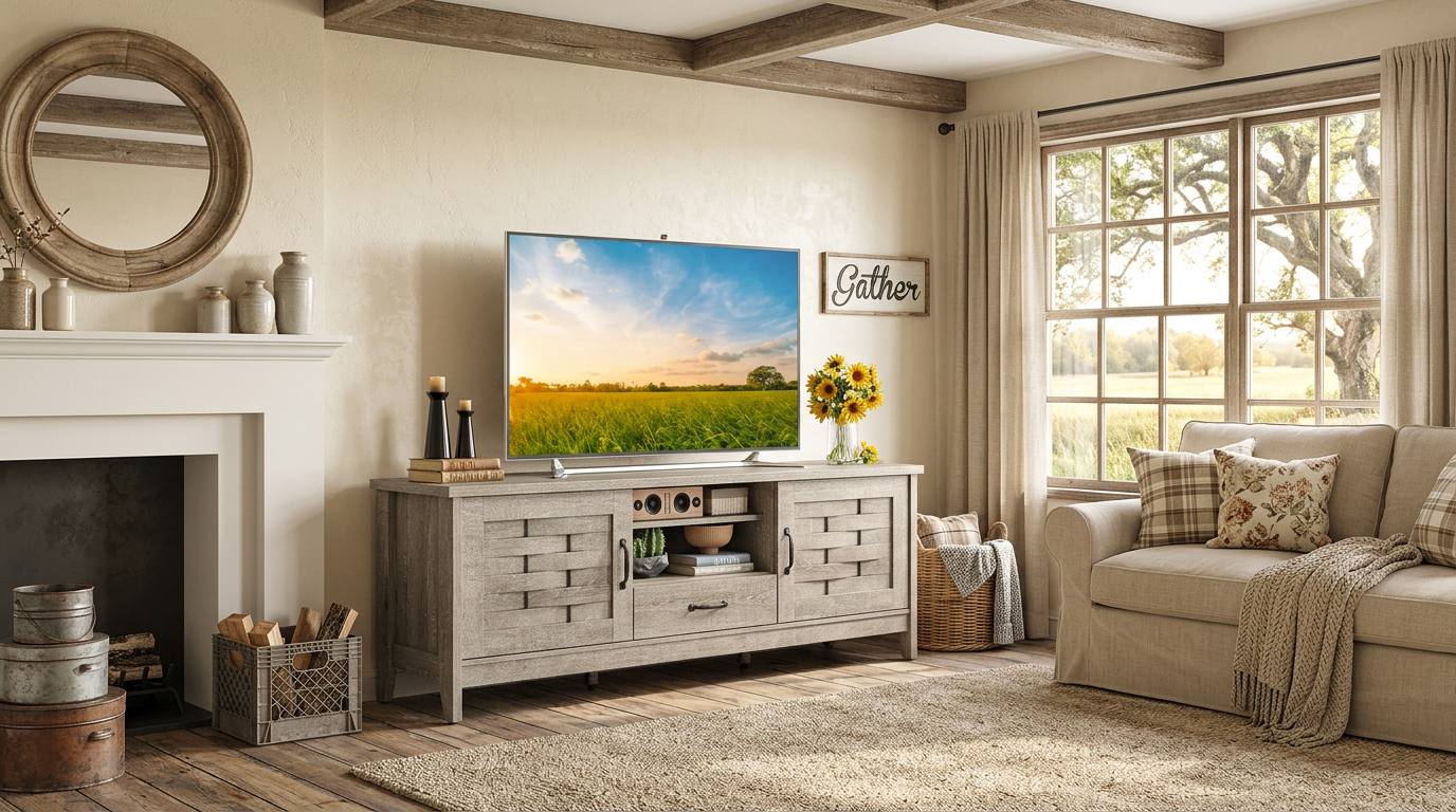 Rustic Farmhouse TV Stand compatible with up to a 65" TV.