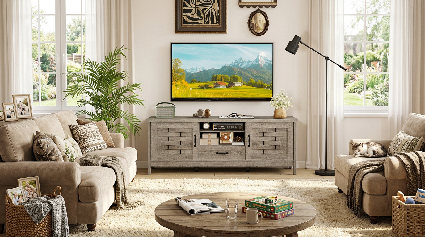 Stylish Rustic Farmhouse TV Stand with Woven Doors - Perfect for modern living rooms.