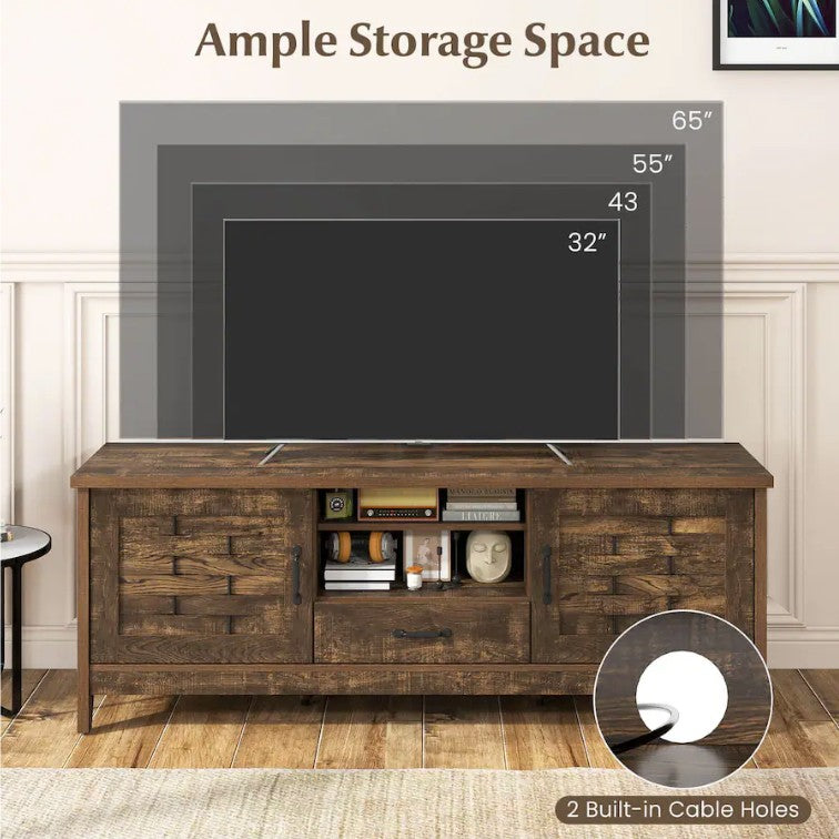 Descriptive layout of the Rustic Farmhouse TV Stand with storage capabilities.