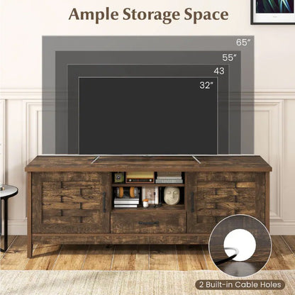 Descriptive layout of the Rustic Farmhouse TV Stand with storage capabilities.