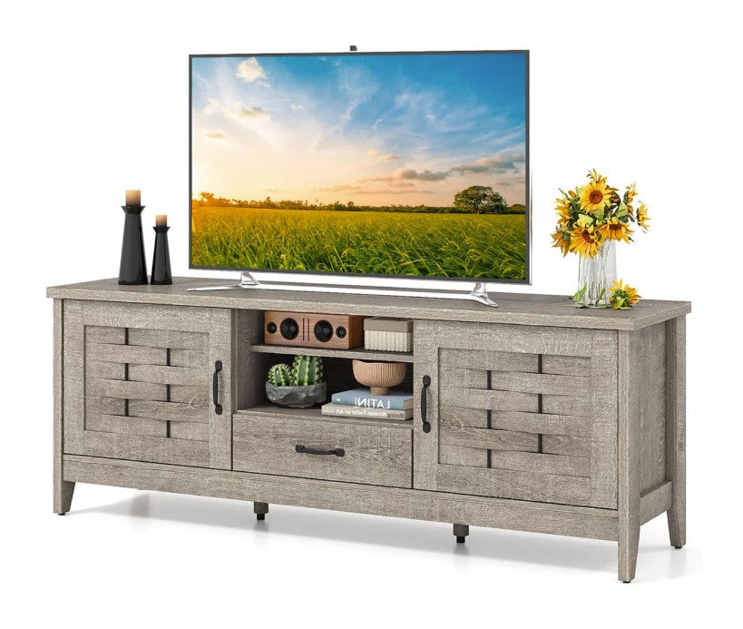 Detailed craftsmanship of the Rustic Farmhouse TV Stand's woven doors.