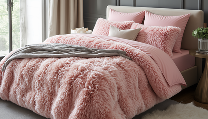 The versatile design of Faux Fur Duvet Cover displayed in a chic bedroom, perfect for both winter and summer.