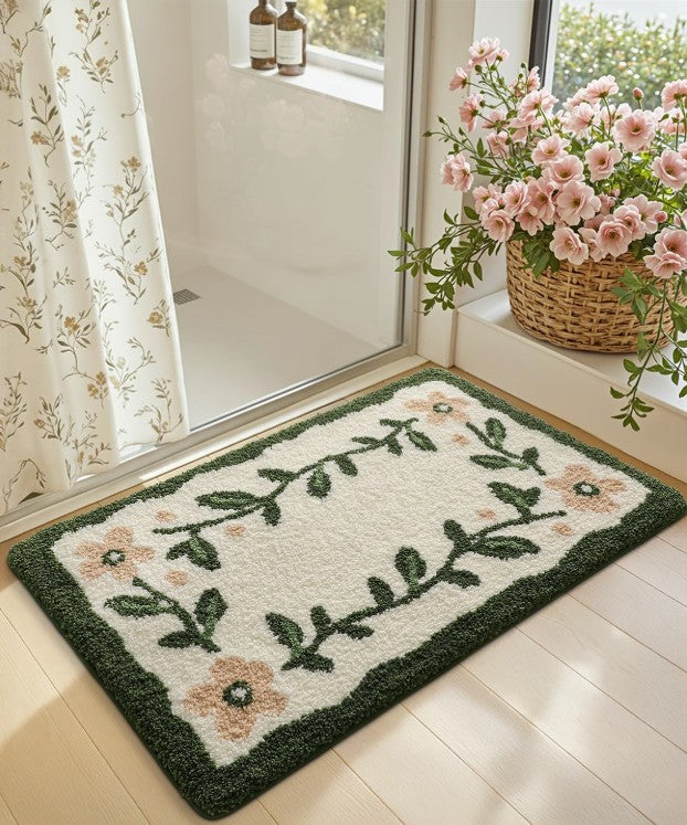 The 32x20 Microfiber Floral Bath Mat showcasing the detailed floral pattern, perfect for a cozy bathroom atmosphere.
