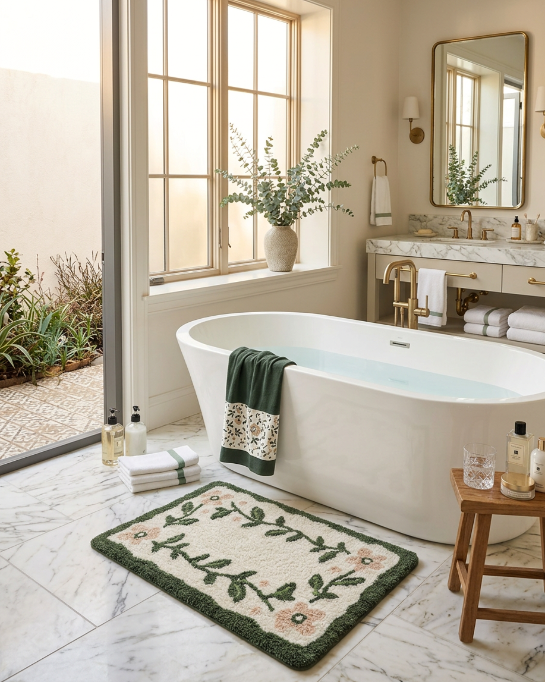 32x20 Microfiber Floral Bath Mat draped elegantly beside a bathtub, creating a serene floral ambiance.