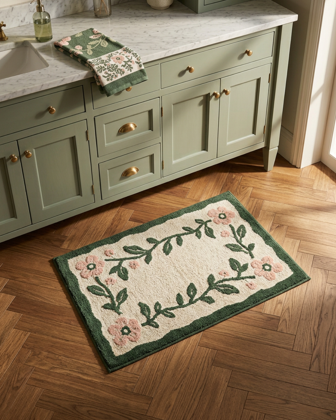 The cheerful design of the 32x20 Microfiber Floral Bath Mat, perfect for adding a pop of nature-inspired color.
