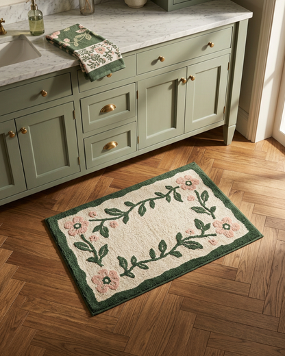 The cheerful design of the 32x20 Microfiber Floral Bath Mat, perfect for adding a pop of nature-inspired color.