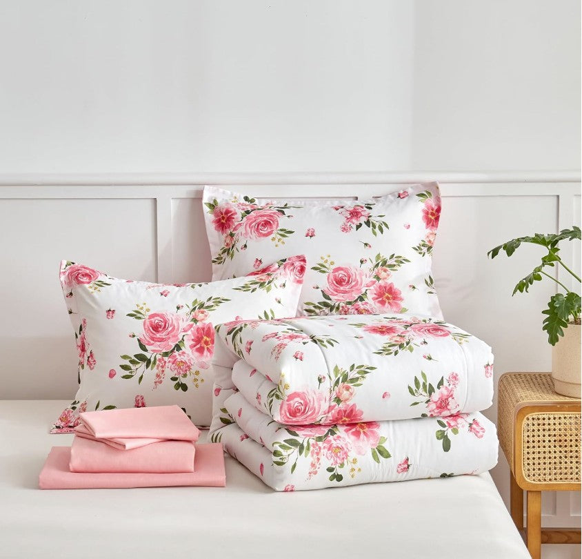 Comforter dimensions of the Queen Floral Bedding Set displayed on a bed, showcasing its plush filling and soft texture.
