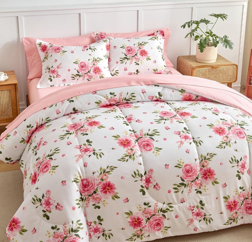 Cozy bedroom setup featuring the Queen Floral Bedding Set, styled with complementary decor for a romantic atmosphere.