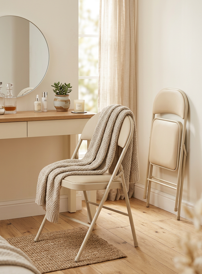 Padded Folding Chairs in a rustic outdoor setting, emphasizing the indoor-outdoor versatility of these comfortable chairs.