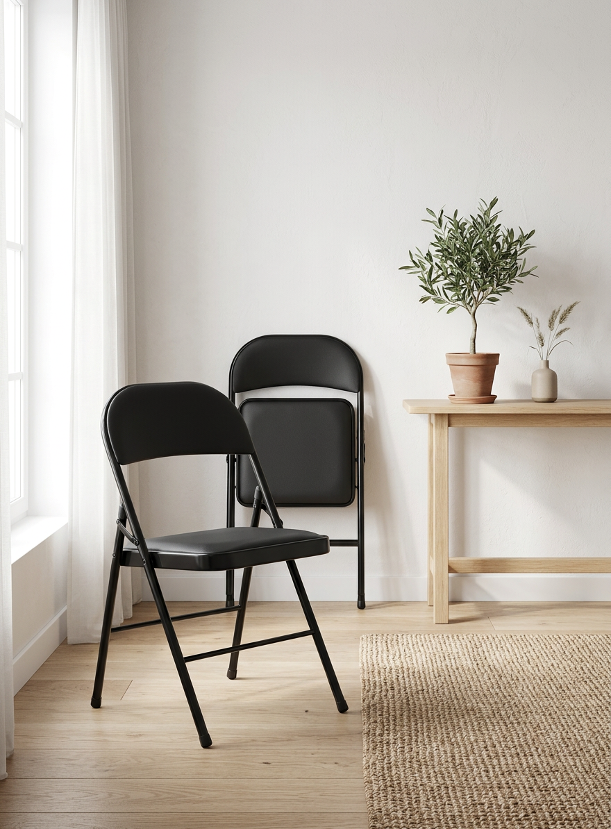Padded Folding Chairs Set of 4 displayed in black upholstery, ideal for modern decor and events.