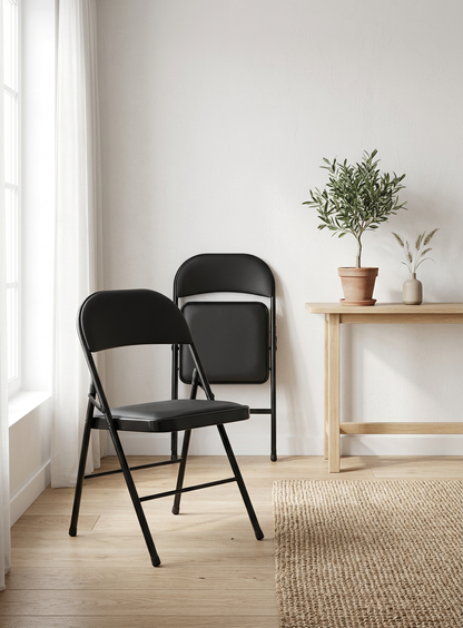 Padded Folding Chairs Set of 4 displayed in black upholstery, ideal for modern decor and events.
