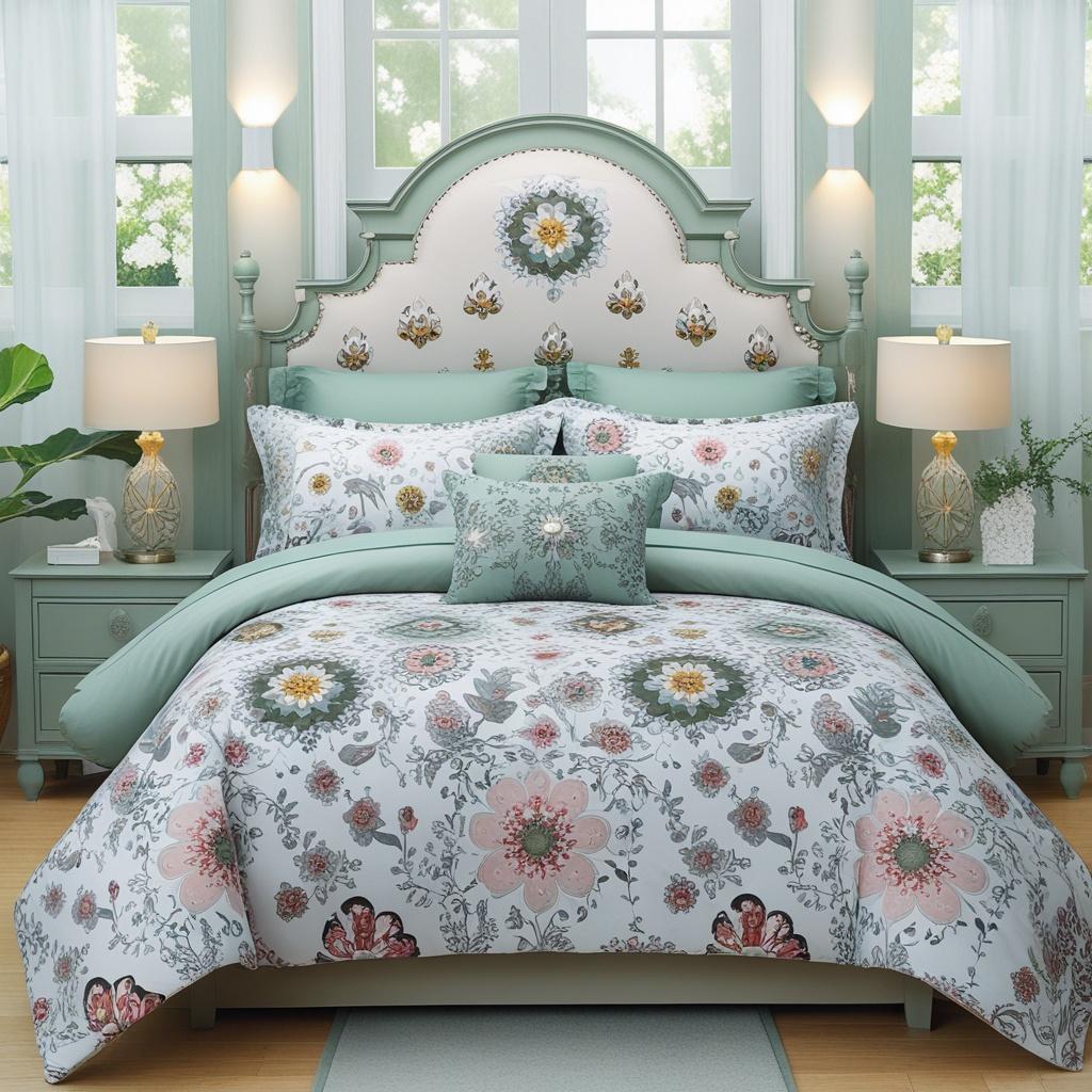 The Boho Floral Comforter Set showcasing its light green tones and floral accents on a queen-sized bed.