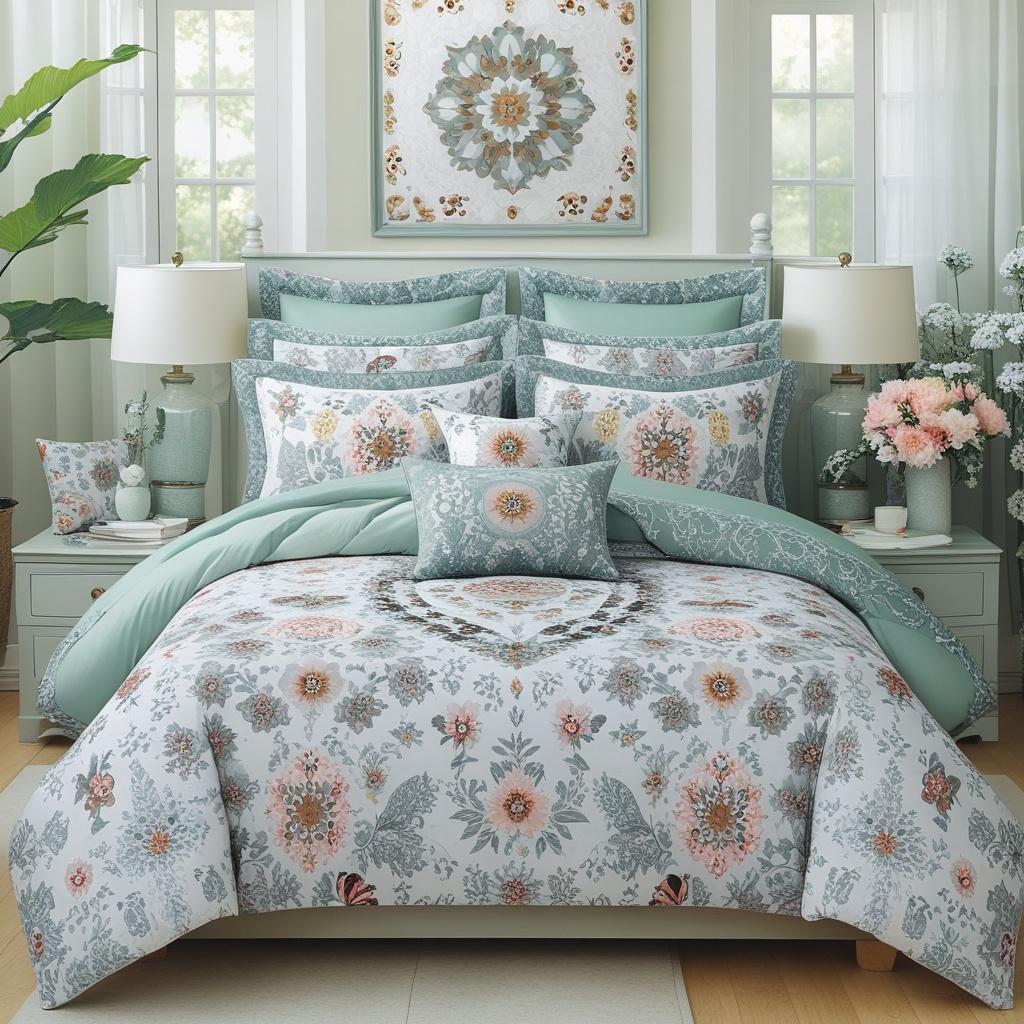 Elegant bedroom decor with the Boho Floral Comforter Set featuring soft pink and grey floral design elements.
