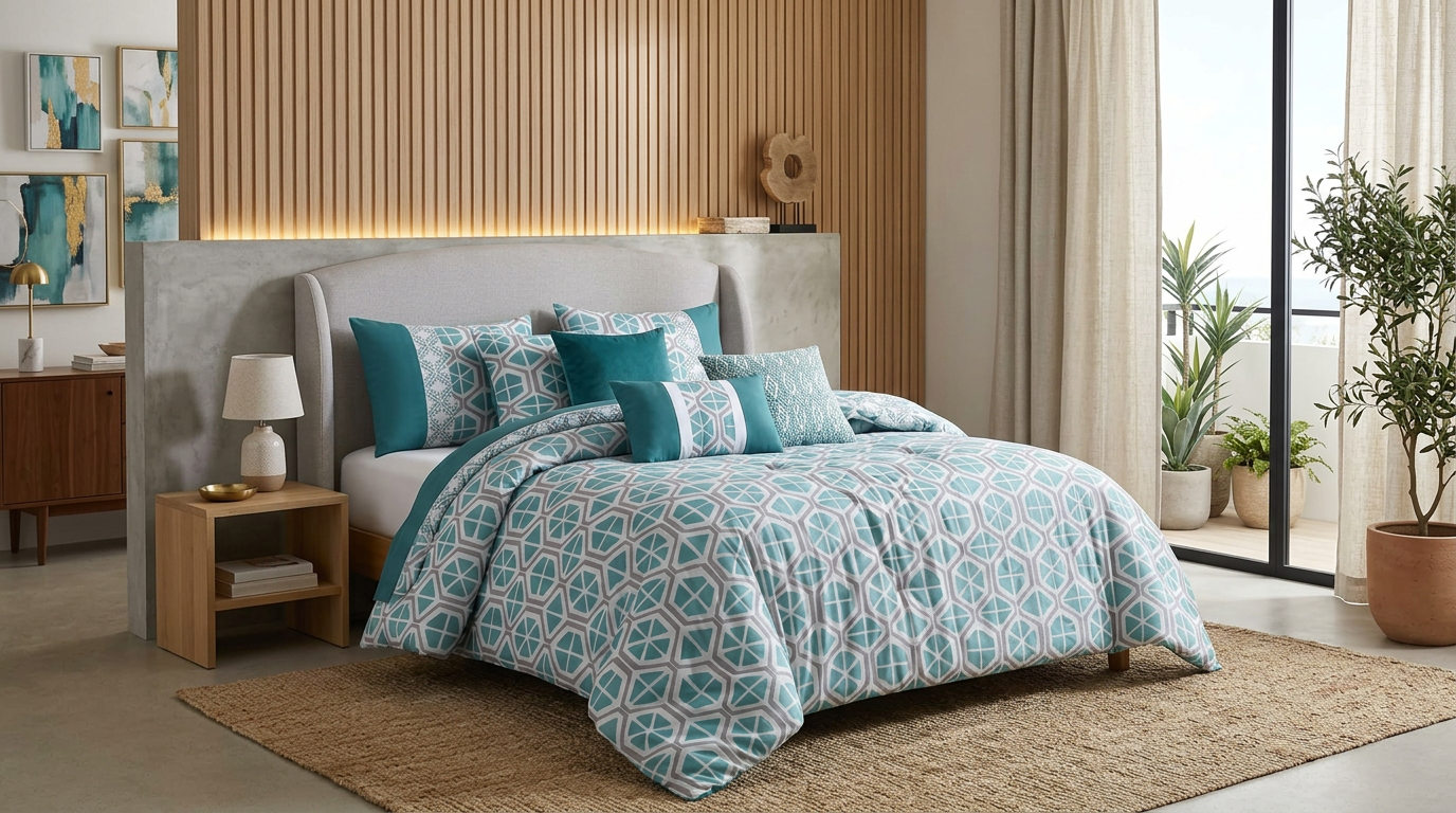 Aesthetic view of Queen/King Polyester 6-Piece Comforter Set showcasing Green Floral accents from HomelyOasis