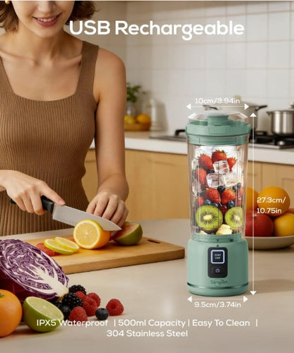 Portable 500ml USB Rechargeable Smoothie Maker with 6 Blades, 2 Modes & BPA-Free Travel Cup, portable smoothie blender for gym and travel