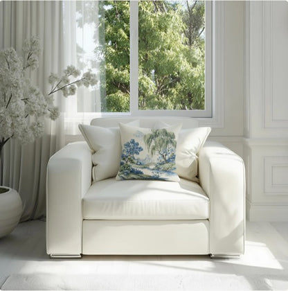 Green Willow Chinoiserie Scenic Landscape Pillow Cover in Blue and Green, Polyester Throw Pillow Case with Hidden Zipper, blue and green chinoiserie pillow cover on a cream sofa