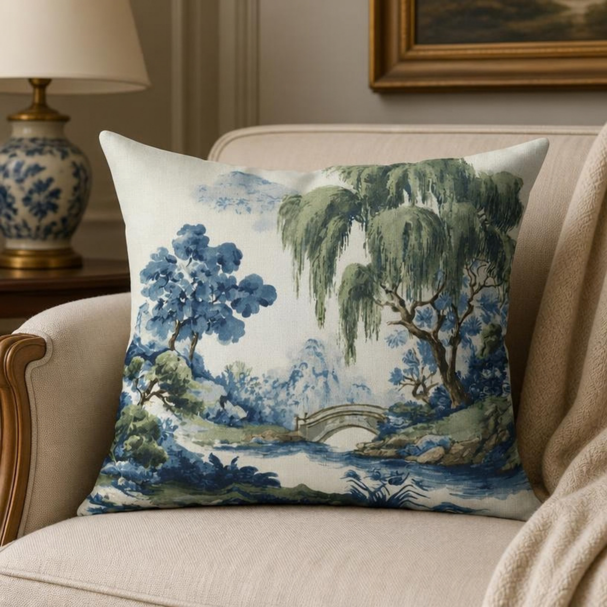 Green Willow Chinoiserie Scenic Landscape Pillow Cover in Blue and Green, Polyester Throw Pillow Case with Hidden Zipper, close-up of willow branches on chinoiserie pillow cover