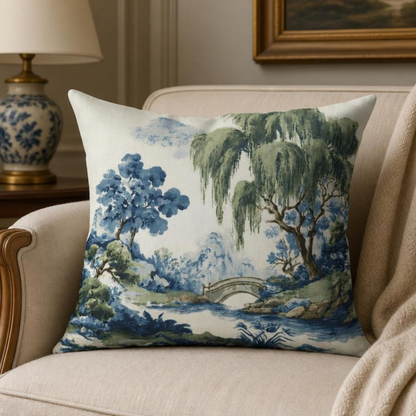 Green Willow Chinoiserie Scenic Landscape Pillow Cover in Blue and Green, Polyester Throw Pillow Case with Hidden Zipper, close-up of willow branches on chinoiserie pillow cover