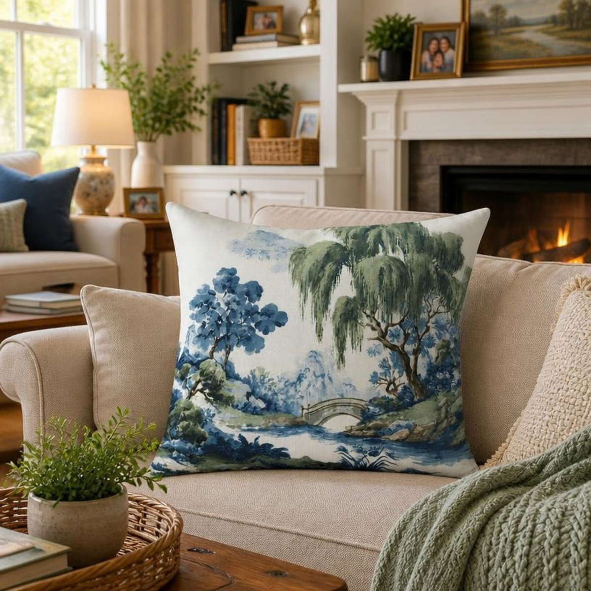 Green Willow Chinoiserie Scenic Landscape Pillow Cover in Blue and Green, Polyester Throw Pillow Case with Hidden Zipper, front view of chinoiserie pillow cover