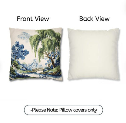 Green Willow Chinoiserie Scenic Landscape Pillow Cover in Blue and Green, Polyester Throw Pillow Case with Hidden Zipper, elegant scenic accent chinoiserie pillow cover for living room decor