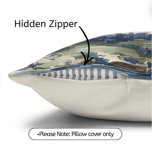 Green Willow Chinoiserie Scenic Landscape Pillow Cover in Blue and Green, Polyester Throw Pillow Case with Hidden Zipper, decorative chinoiserie pillow cover styled on a sofa