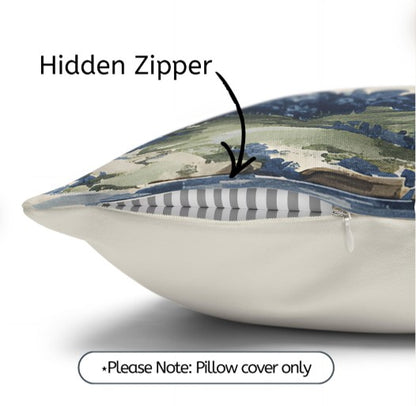 Green Willow Chinoiserie Scenic Landscape Pillow Cover in Blue and Green, Polyester Throw Pillow Case with Hidden Zipper, decorative chinoiserie pillow cover styled on a sofa