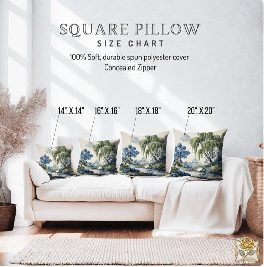 Green Willow Chinoiserie Scenic Landscape Pillow Cover in Blue and Green, Polyester Throw Pillow Case with Hidden Zipper, classic grandmillennial chinoiserie pillow cover styling