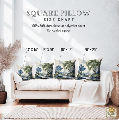 Green Willow Chinoiserie Scenic Landscape Pillow Cover in Blue and Green, Polyester Throw Pillow Case with Hidden Zipper, classic grandmillennial chinoiserie pillow cover styling