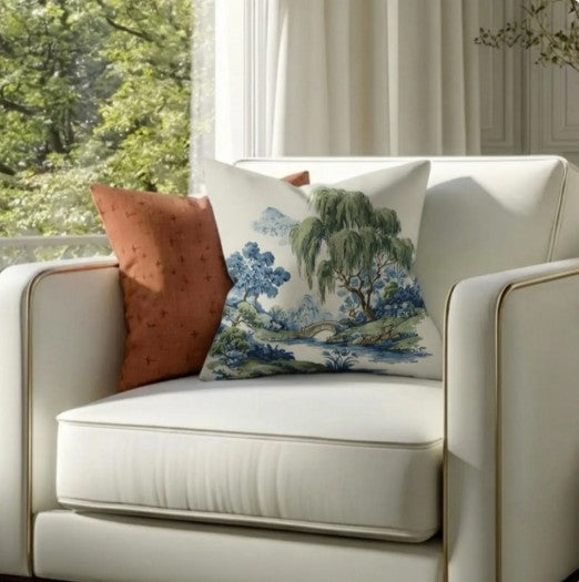 Green Willow Chinoiserie Scenic Landscape Pillow Cover in Blue and Green, Polyester Throw Pillow Case with Hidden Zipper, nature-inspired willow landscape chinoiserie pillow cover