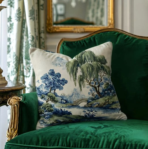 Green Willow Chinoiserie Scenic Landscape Pillow Cover in Blue and Green, Polyester Throw Pillow Case with Hidden Zipper, square decorative chinoiserie pillow cover for bedroom or sofa