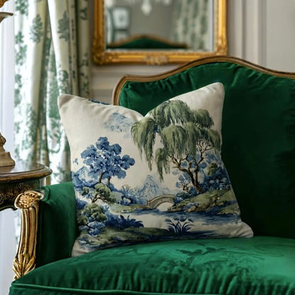 Green Willow Chinoiserie Scenic Landscape Pillow Cover in Blue and Green, Polyester Throw Pillow Case with Hidden Zipper, square decorative chinoiserie pillow cover for bedroom or sofa