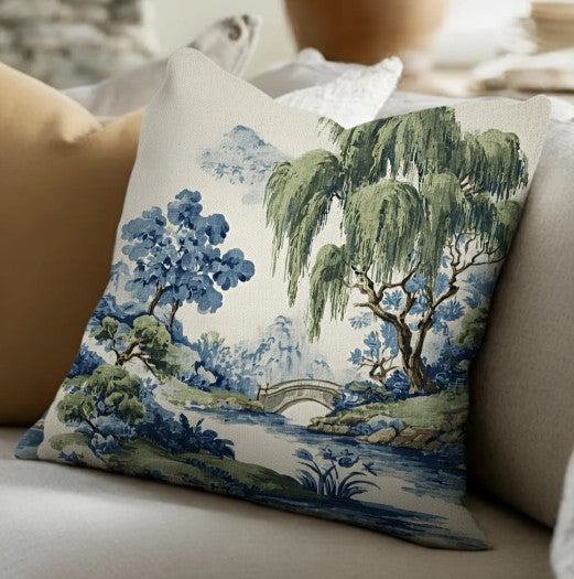 Green Willow Chinoiserie Scenic Landscape Pillow Cover in Blue and Green, Polyester Throw Pillow Case with Hidden Zipper, timeless blue and green chinoiserie pillow cover decor