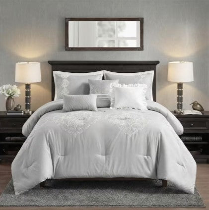 Decorative styling of the Queen King Microfiber 6-Piece Comforter Set, Silver Medallion enhancing bedroom elegance.