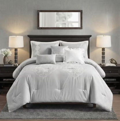 Decorative styling of the Queen King Microfiber 6-Piece Comforter Set, Silver Medallion enhancing bedroom elegance.