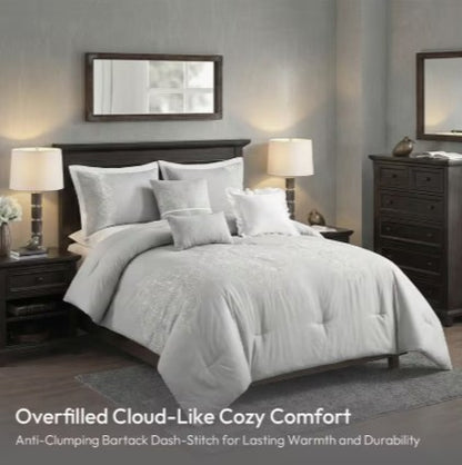 Queen King Microfiber 6-Piece Comforter Set, Silver Medallion displayed on a neatly made bed.