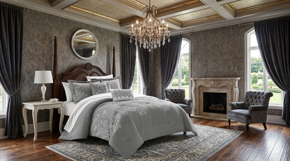The hypoallergenic filling of the Queen King Microfiber 6-Piece Comforter Set, Silver Medallion offering comfort.
