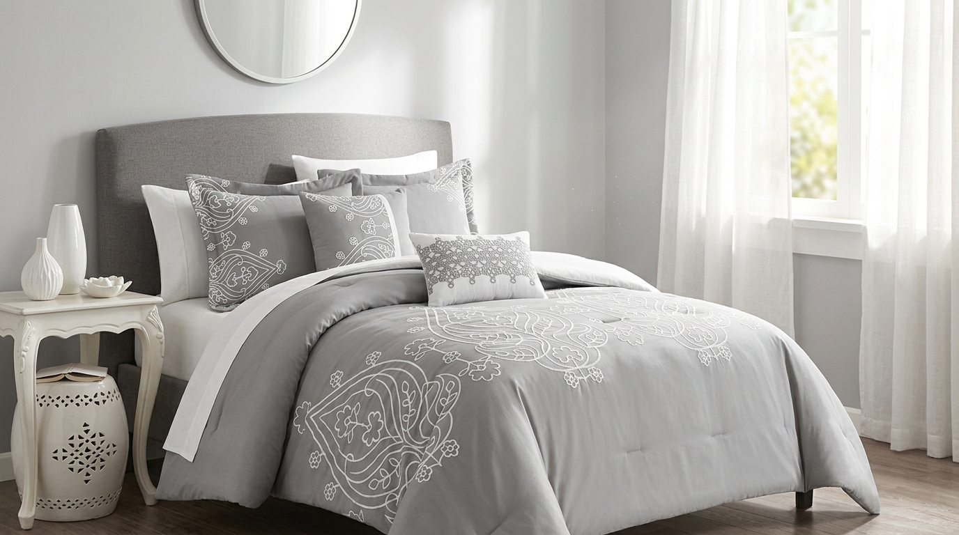 Cozy and inviting look of the Queen King Microfiber 6-Piece Comforter Set, Silver Medallion styled on a bed.