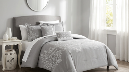 Cozy and inviting look of the Queen King Microfiber 6-Piece Comforter Set, Silver Medallion styled on a bed.