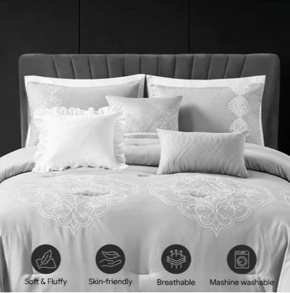 Elegant display of the Queen King Microfiber 6-Piece Comforter Set, Silver Medallion with soft folds.