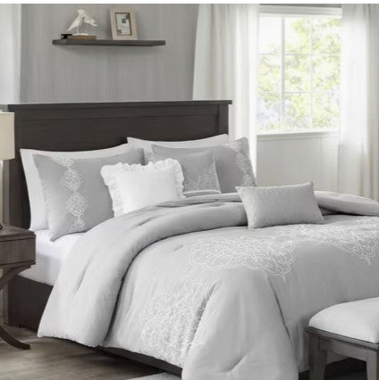 Stylish bedroom featuring the Queen King Microfiber 6-Piece Comforter Set, Silver Medallion and coordinating decor.