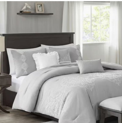 Stylish bedroom featuring the Queen King Microfiber 6-Piece Comforter Set, Silver Medallion and coordinating decor.