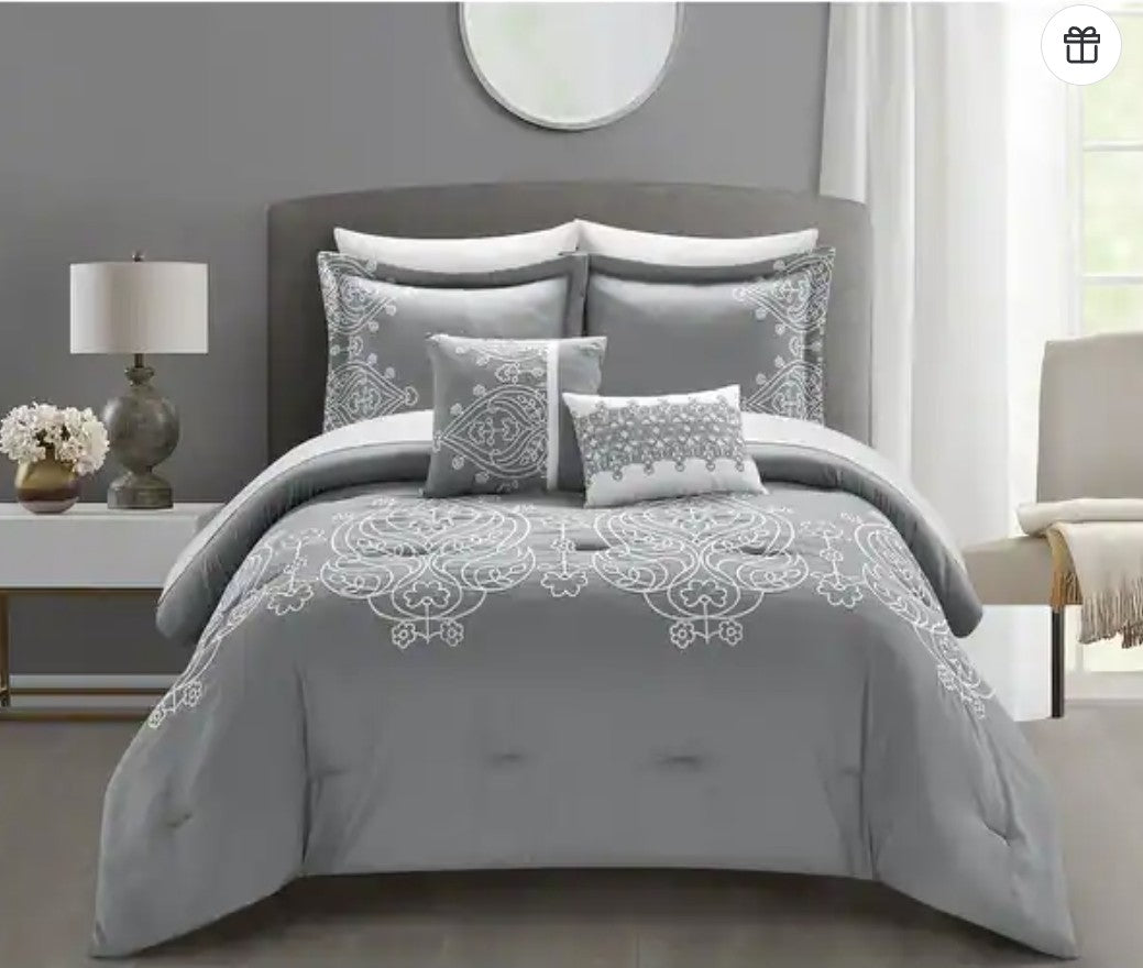 Queen King Microfiber 6-Piece Comforter Set, Silver Medallion in a beautifully lit bedroom environment.