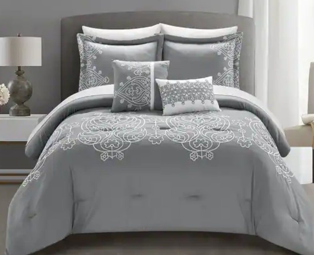 Chic arrangement of the Queen King Microfiber 6-Piece Comforter Set, Silver Medallion on a contemporary bed.