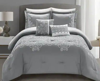 Chic arrangement of the Queen King Microfiber 6-Piece Comforter Set, Silver Medallion on a contemporary bed.