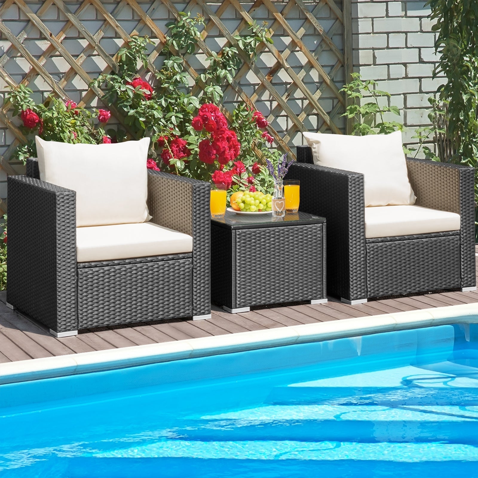 Full setup of the 3-Piece Outdoor Wicker Patio Conversation Set in a backyard setting – ideal outdoor wicker conversation set for entertaining.