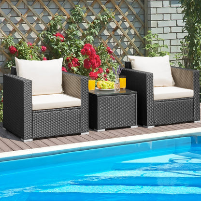 Full setup of the 3-Piece Outdoor Wicker Patio Conversation Set in a backyard setting – ideal outdoor wicker conversation set for entertaining.