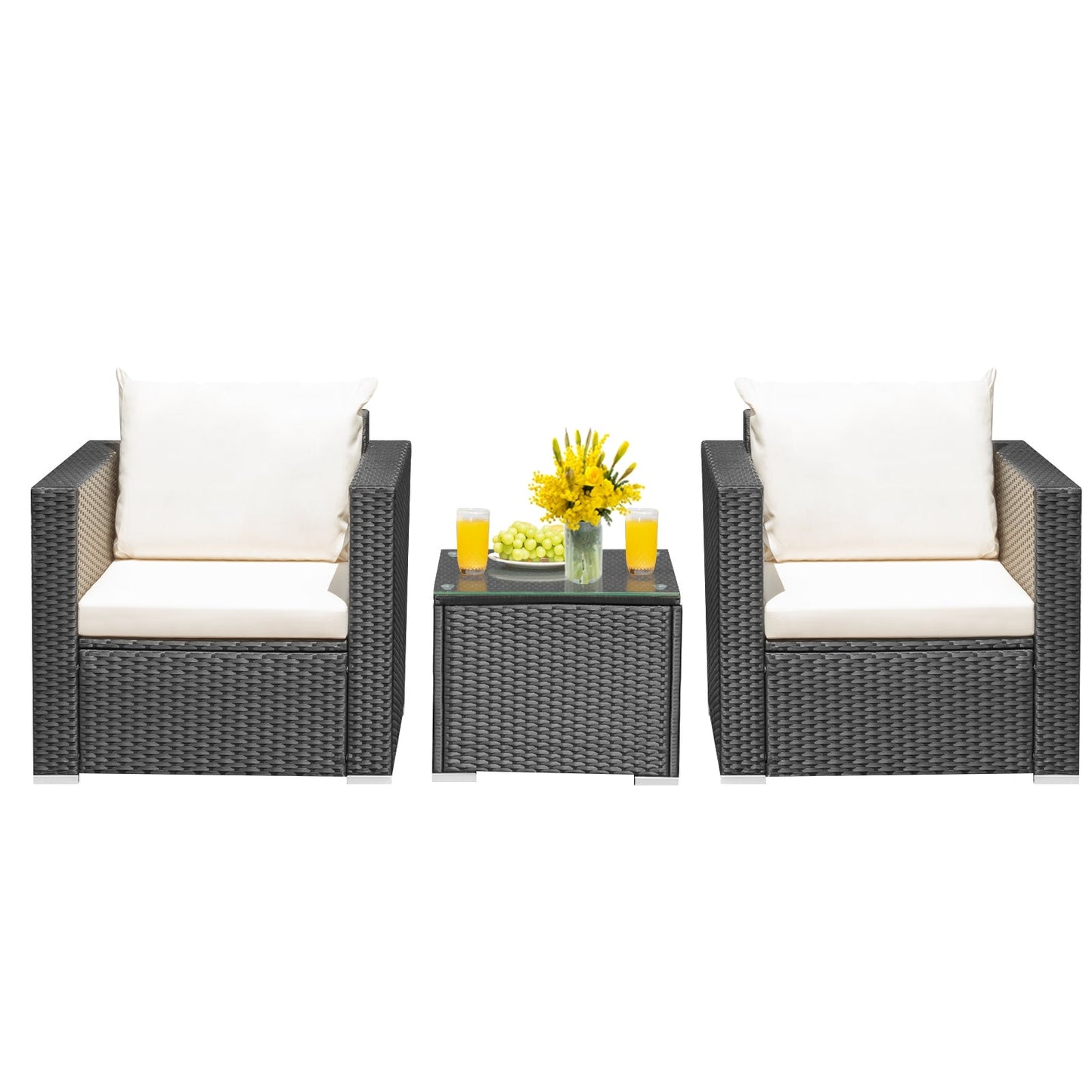Close-up of the soft cushions in the 3-Piece Outdoor Wicker Patio Conversation Set, highlighting comfort – the ultimate outdoor wicker conversation set.