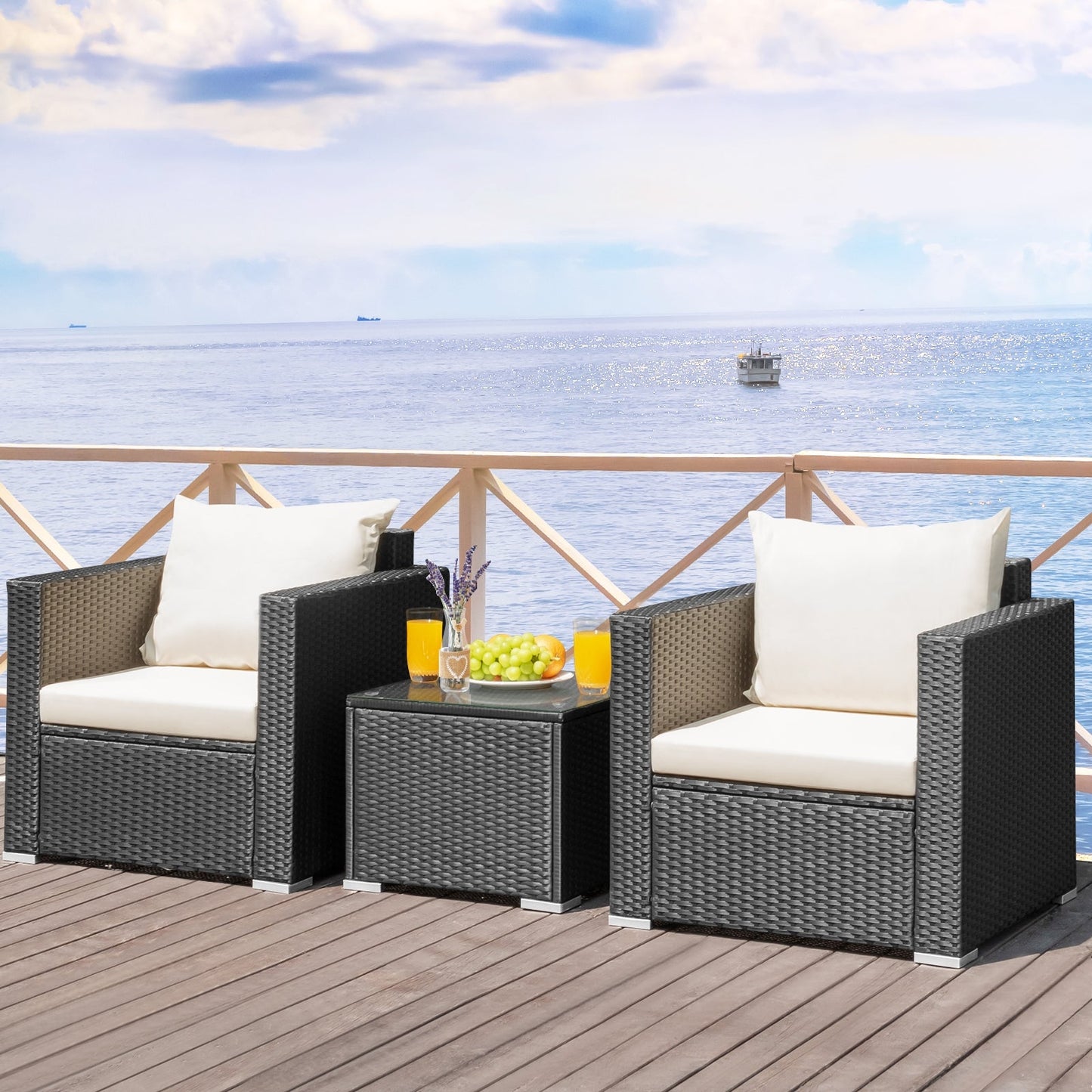 3-Piece Outdoor Wicker Patio Conversation Set with Soft Cushions & Glass Coffee Table – stylish outdoor wicker conversation set ideal for patio and garden.