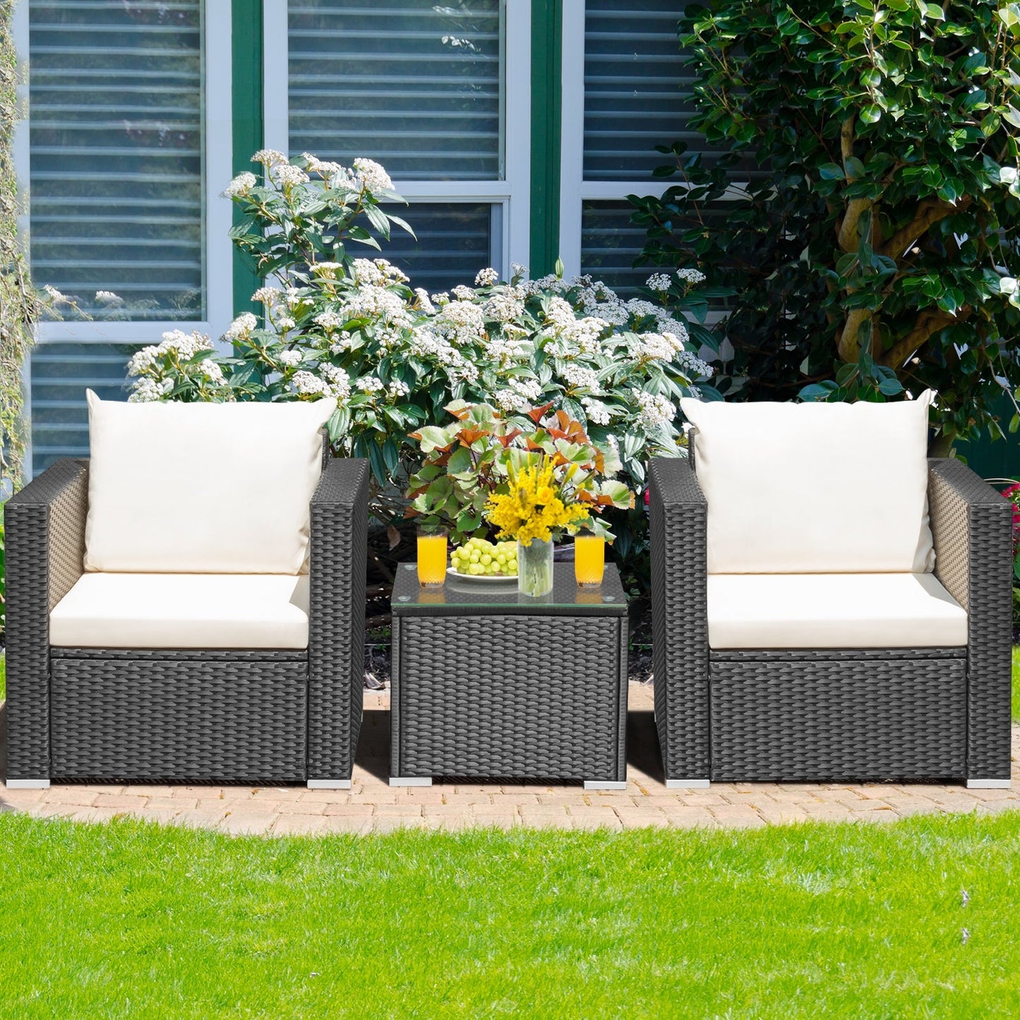 Elegant 3-Piece Outdoor Wicker Patio Conversation Set showcasing comfortable cushions – perfect outdoor wicker conversation set for relaxation.